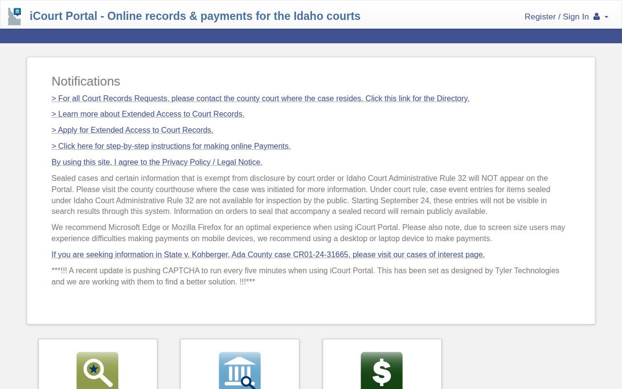 Official Idaho iCourt portal for Shoshone County arrest case dispositions