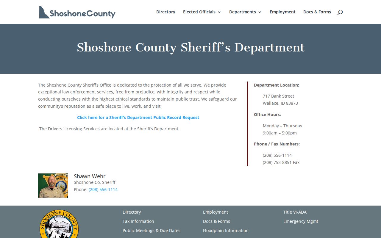 Official Shoshone County Sheriff contact page for recent arrest and jail records