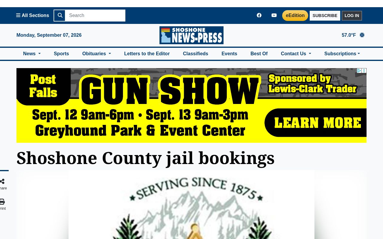 Multi-day Shoshone County booking column with dated entries and adult-only notice