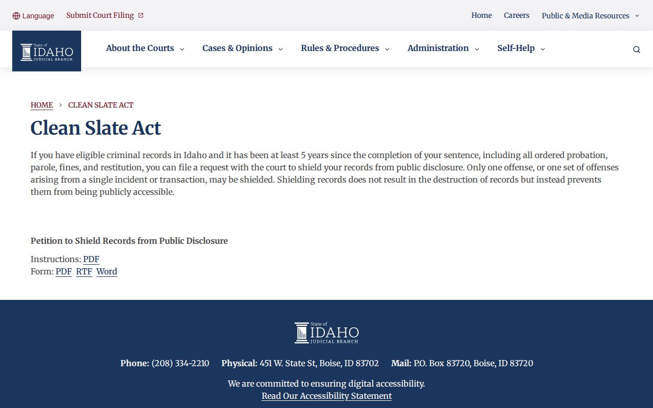 Official Idaho Clean Slate information for eligible Shoshone County arrest court records