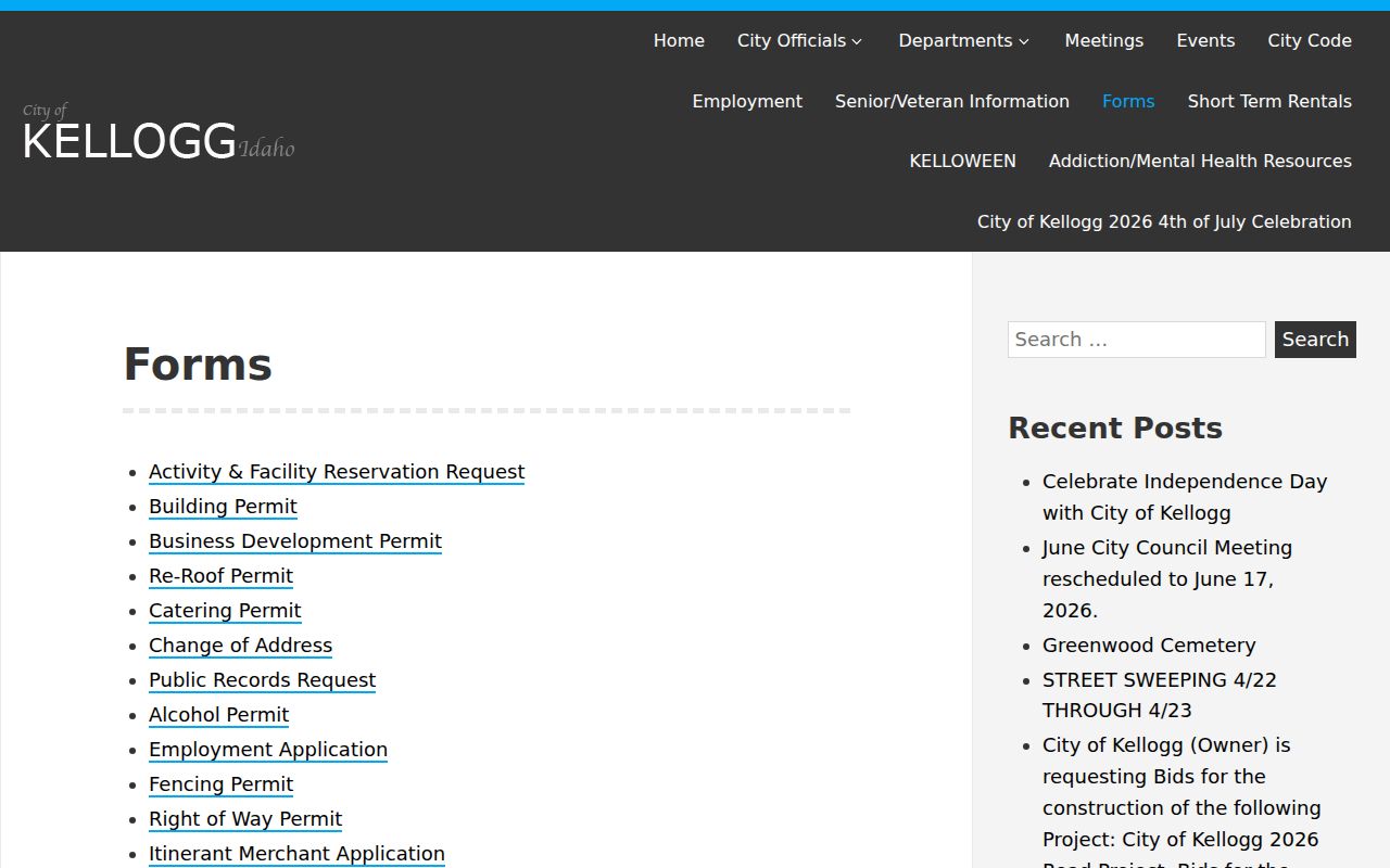 Official City of Kellogg forms page with police report and public records request links
