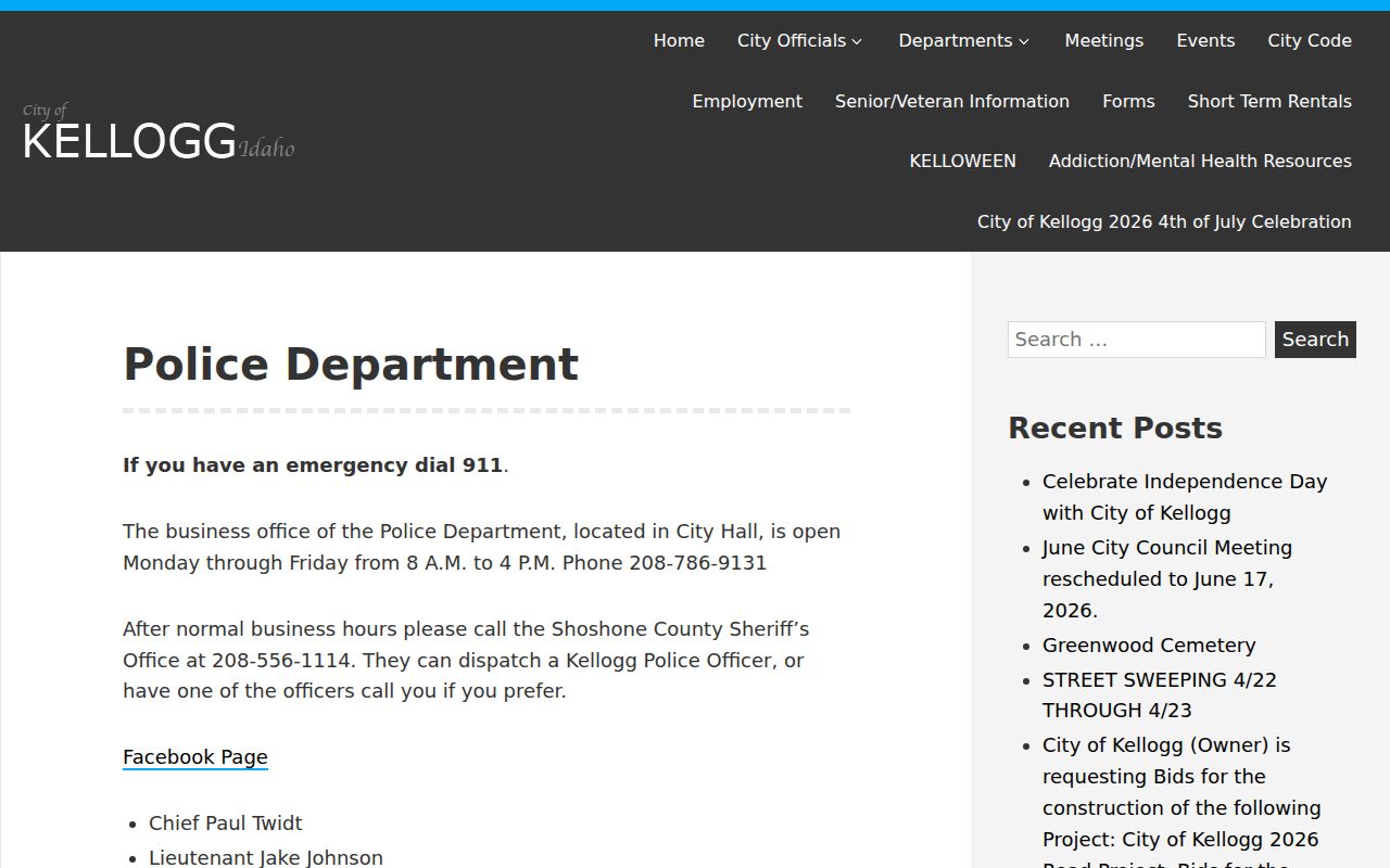 Official Kellogg Police Department contact page with business hours and after-hours sheriff referral