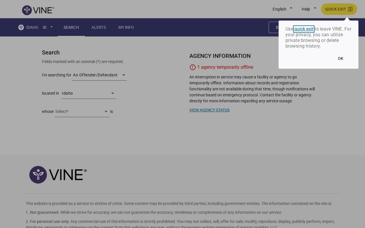 Idaho VINELink person search for a Shoshone County custody record
